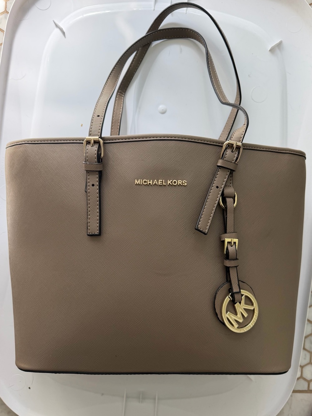 Michael Kors Taupe Tote with Gold MK Charm